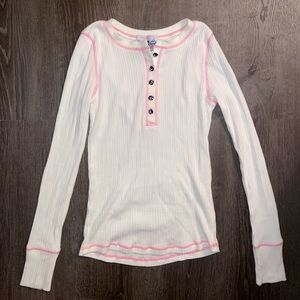 ♡ F21 white long sleeve top with pink stitching and badtz-maru buttons ♡